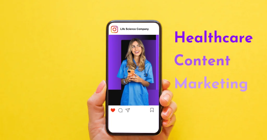 Content image - cell phone displaying Instagram profile with the text Healthcare Content Marketing